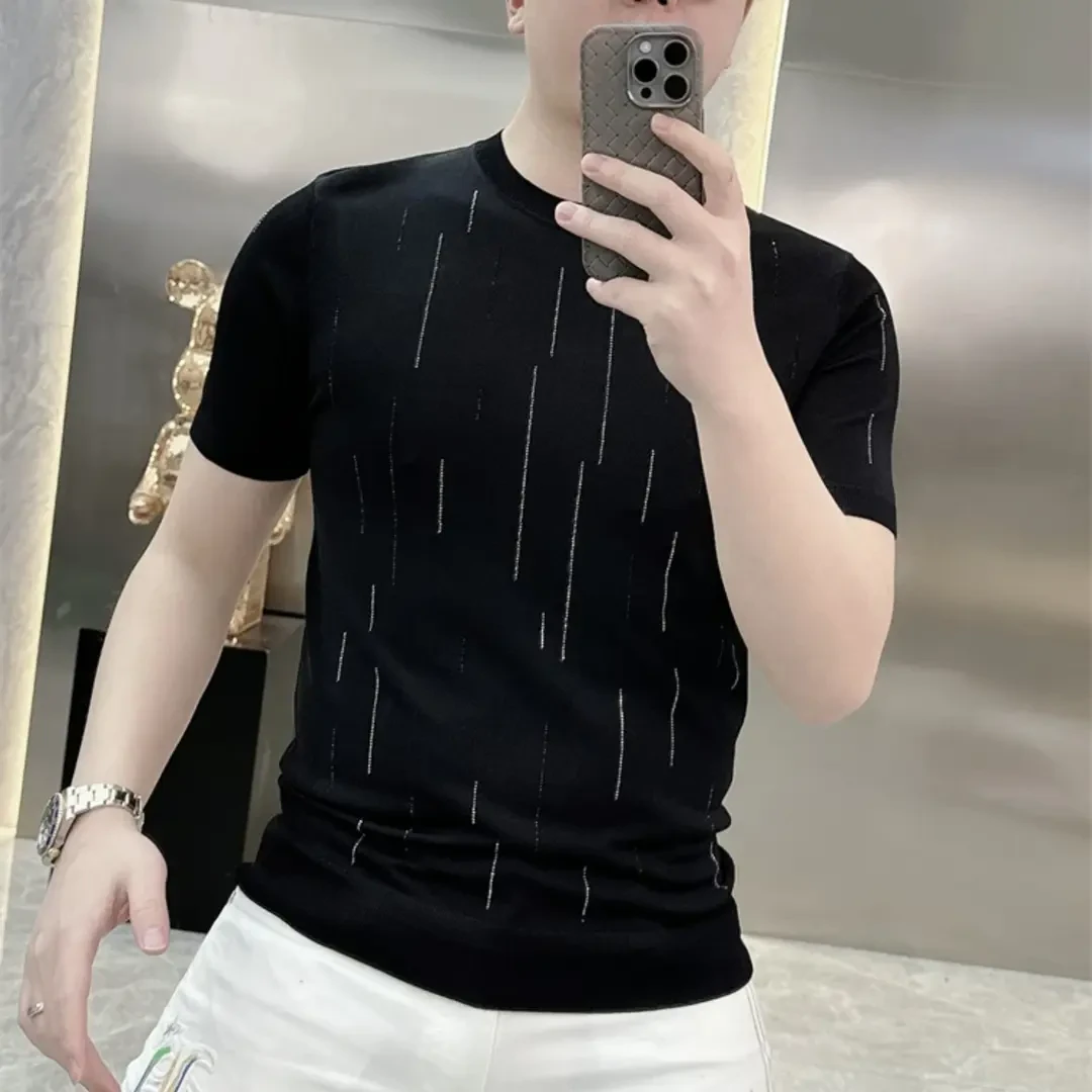 2025春季韩版流星雨冰丝T恤男时尚修身百搭弹力烫钻透气针织短袖T