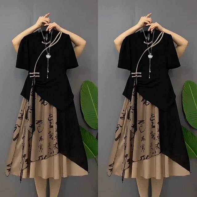 胖mm新中式夏季宽松透气半身裙套装时尚减龄两件套短袖盘扣上衣