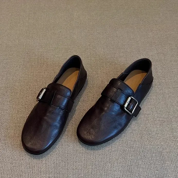 牛皮~黑色百搭乐福鞋女2025春秋季新款底单鞋女软底复古小皮鞋