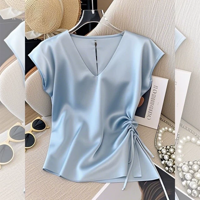 蓝色褶皱收腰系带短袖t恤女2025夏季新款百搭独特超好看缎面衬衫