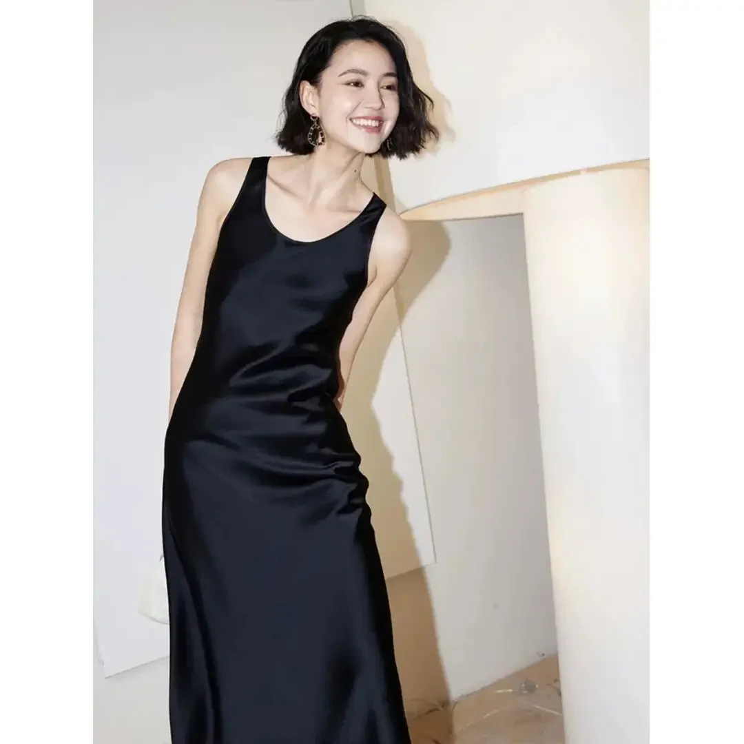 南油吊带【宽肩带】收腰缎面时尚春游出行显瘦长裙裙子女生小个子