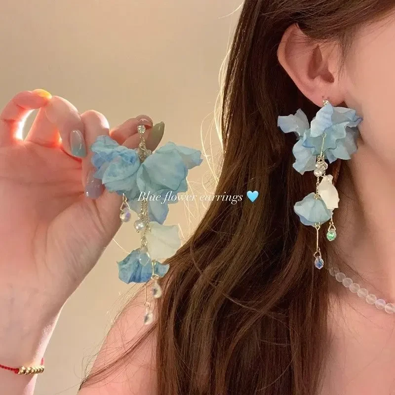合金耳饰夏日蓝色花朵流苏耳环2025新款绝美夸张海边度假风耳饰