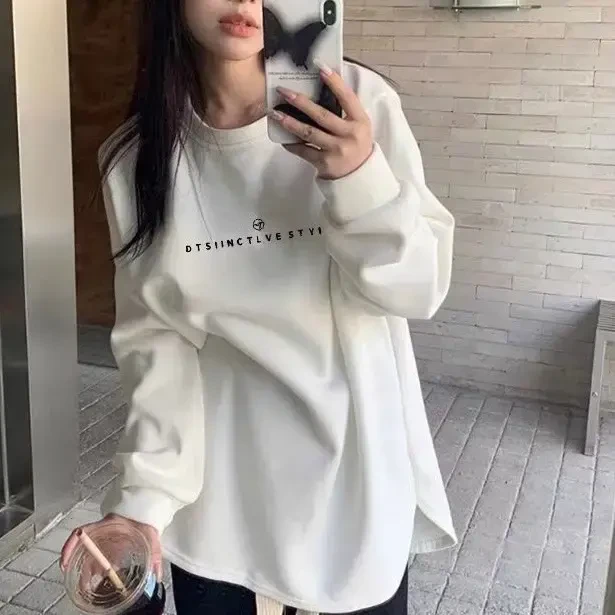 内搭大U领叠穿长袖t恤女中长款遮屁股白色打底衫洋气秋冬宽松上衣