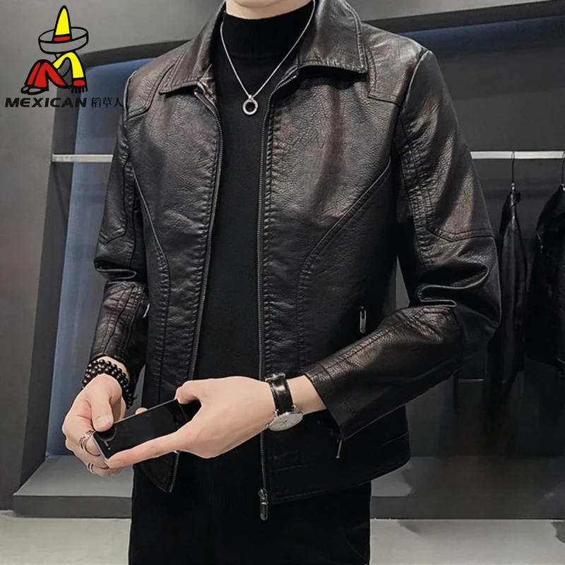 Mexican/稻草人男士新款皮衣加绒翻领时尚百搭款皮夹克外套秋冬季