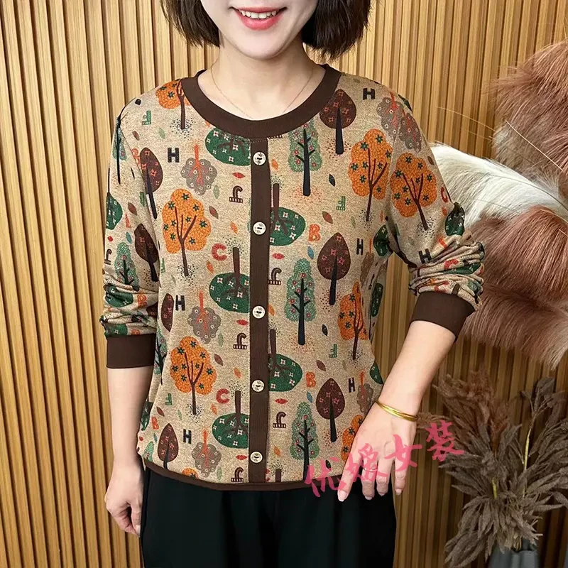 2025春季新款圆领花色针织衫弹力宽松百搭洋气妈妈装妈妈装夏季