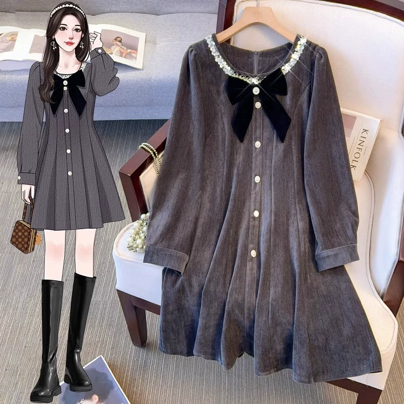 微胖妹妹大码2025春季新款蝴蝶结连衣裙女款显瘦赫本风高级感裙子