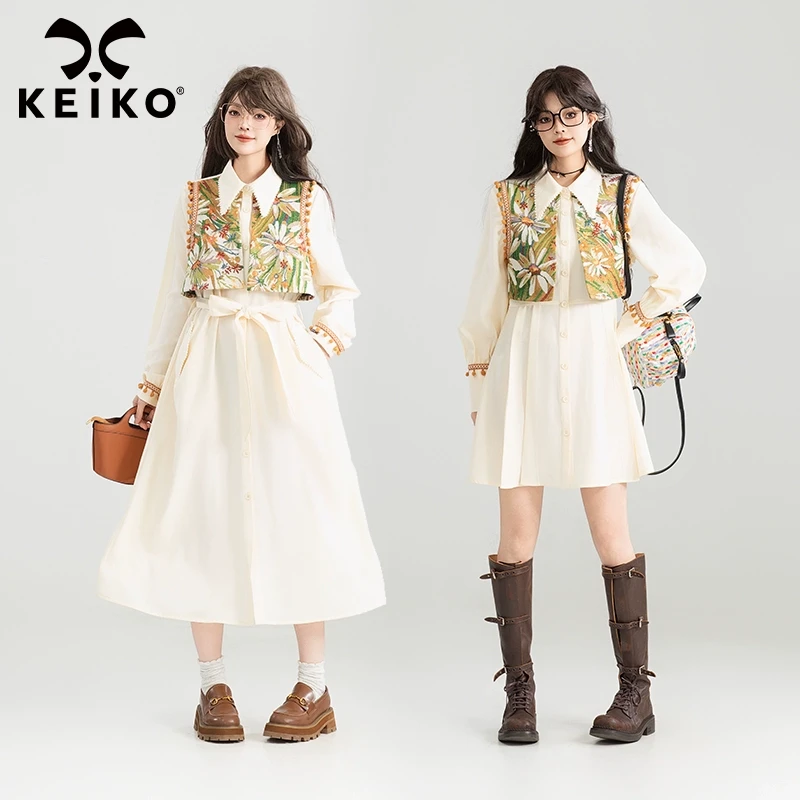 KEIKO 秋出游穿搭提花拼接连衣裙25新款法式系带显瘦衬衫式长裙