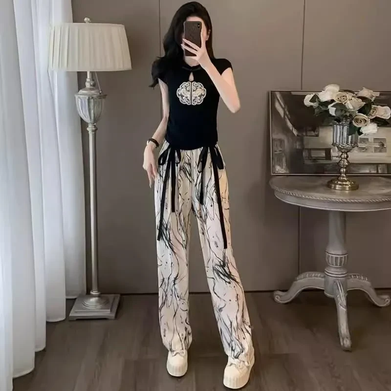 新中式国风时尚套装女夏小个子修身黑色短袖t恤冰丝阔腿裤两件套