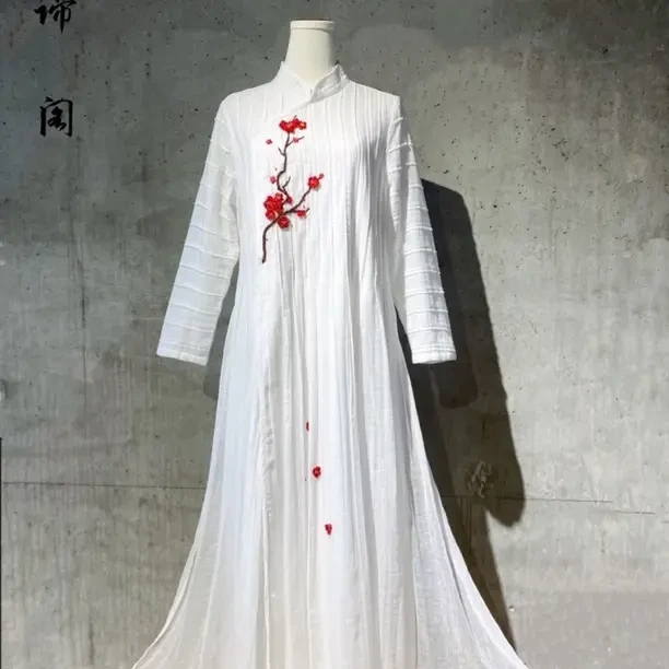 妙谛阁国风原创立领素心红梅中式棉麻修身长款秋冬日常连衣裙