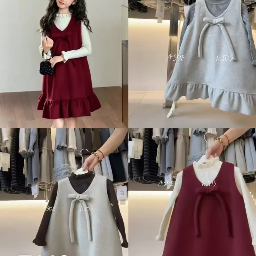 女童新款洋气冬季蝴蝶结背心公主裙拜年服