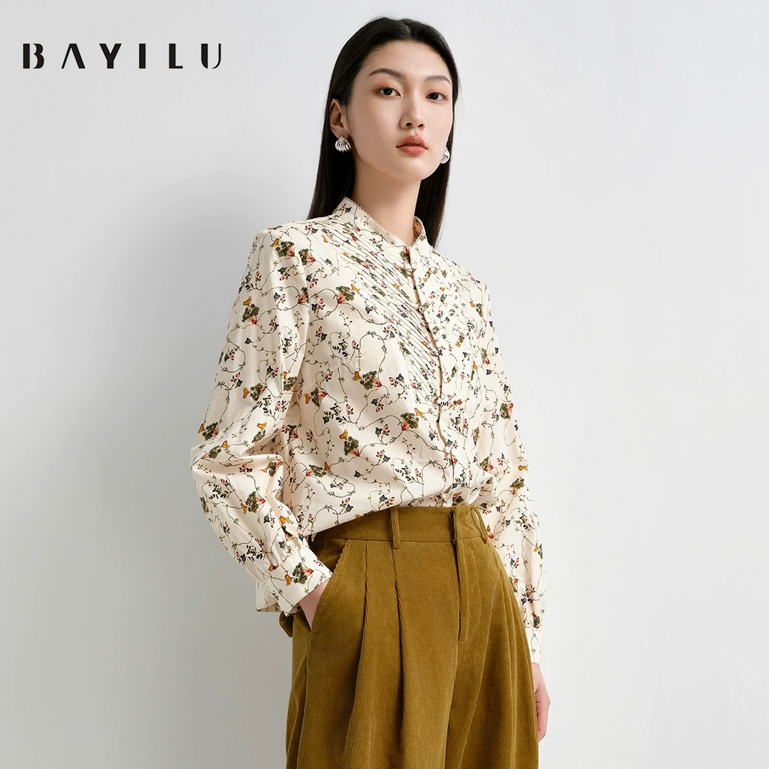 【丫头baby专属】芭依璐2025春季衬衫女复古印花长袖衬衣91C0015