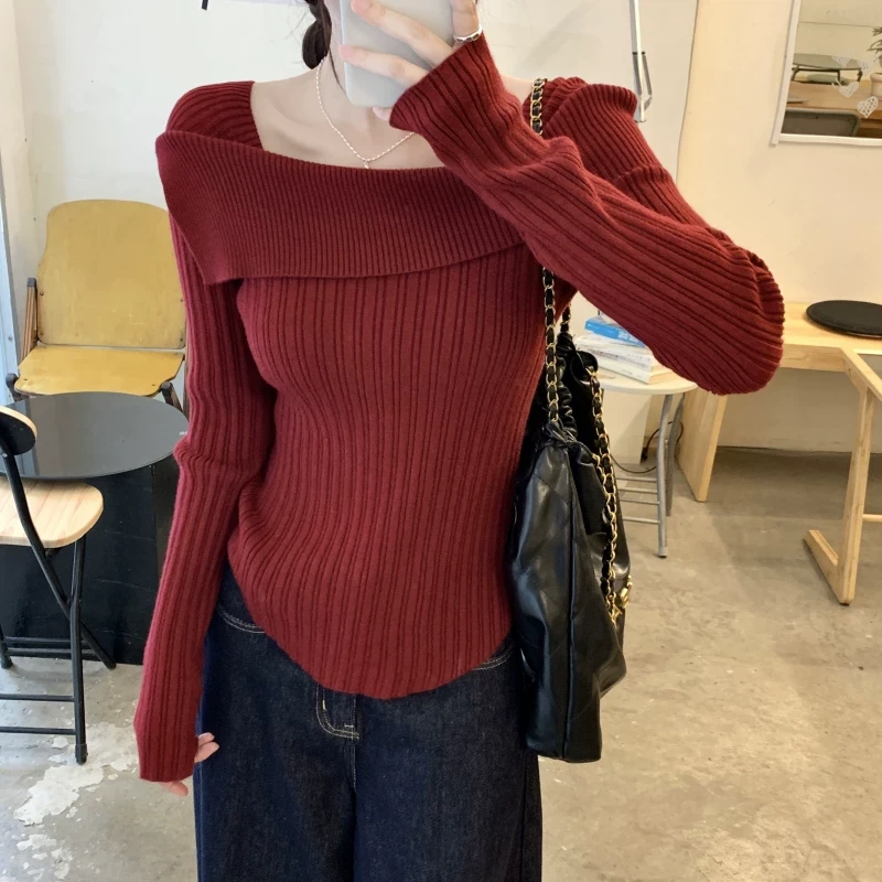 法式高级感不规则一字肩长袖针织衫女秋冬毛衣修身内搭打底衫上衣