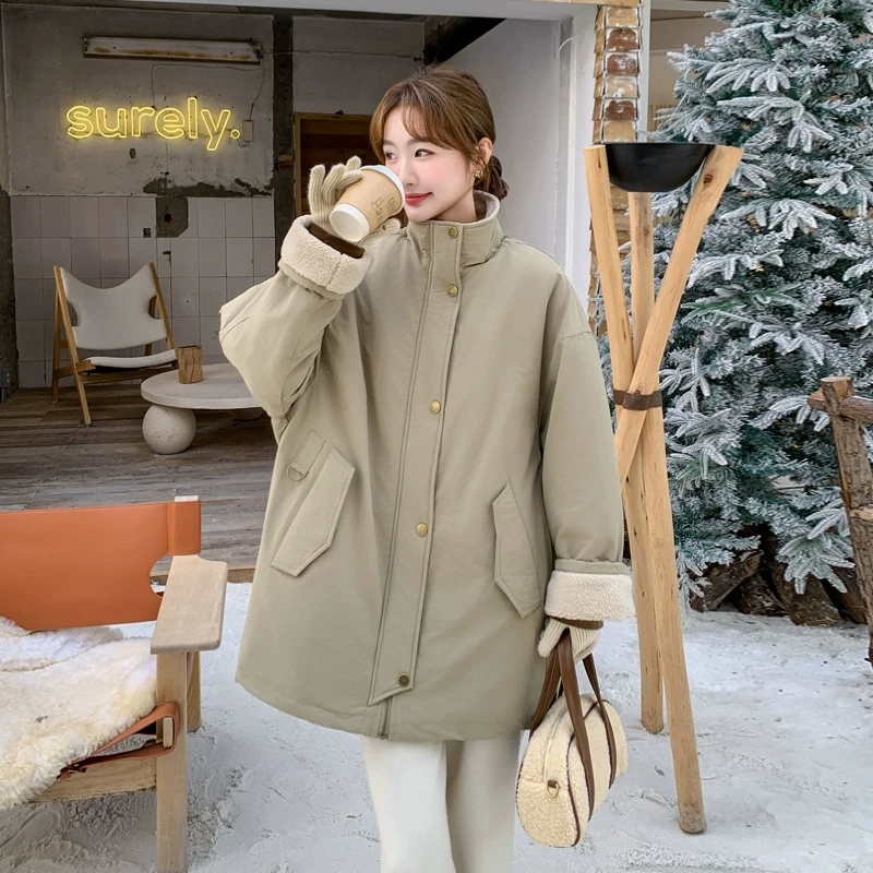 韩版卡其色工装羊 羔毛ins外套女冬新款小众设计加厚保暖立领棉衣