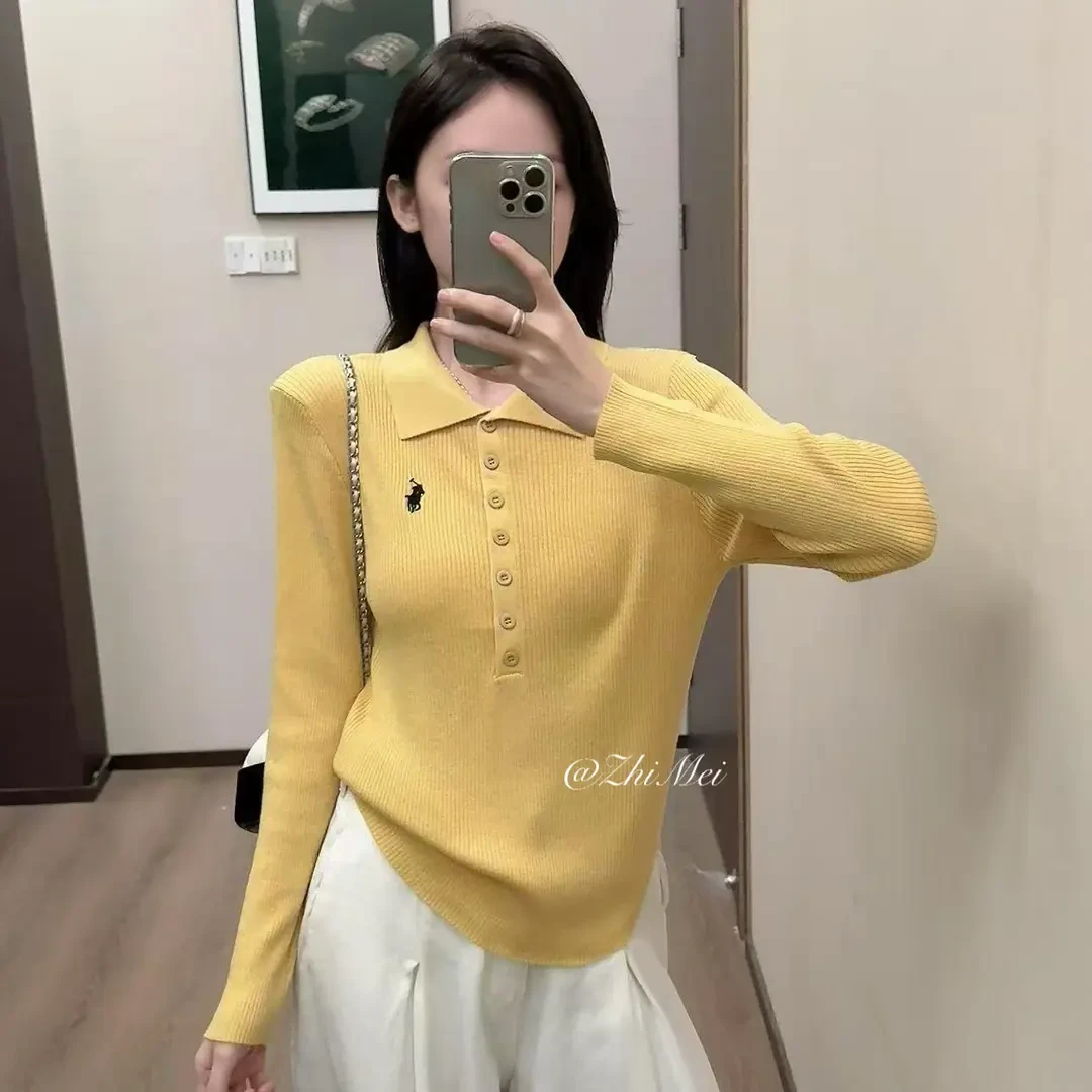 2025早秋新款长袖小马刺绣排扣翻领老钱风时尚洋气显瘦针织衫上衣