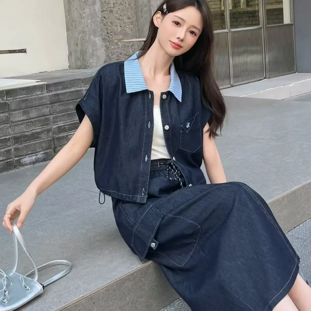 韩系休闲牛仔套装裙女夏季翻领短袖上衣搭配半身裙时尚显瘦两件套