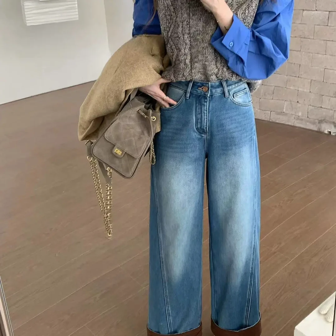 秋冬加绒高腰显瘦弯刀阔腿牛仔裤女复古蓝宽松直筒裤子