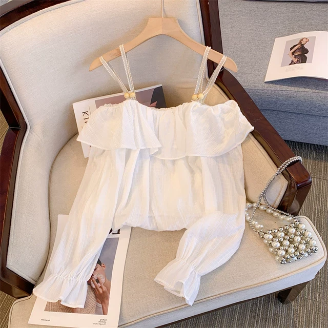 【高级感】广州十三行女装法式一字领露肩雪纺衫早春季韩系喇叭袖