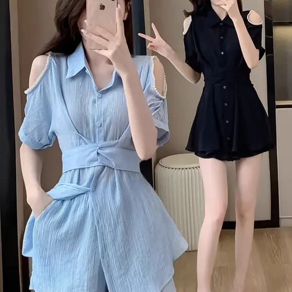 超火款两件套女法式高级感钉珠露肩衬衫裙子短裤套装一整套连衣裙