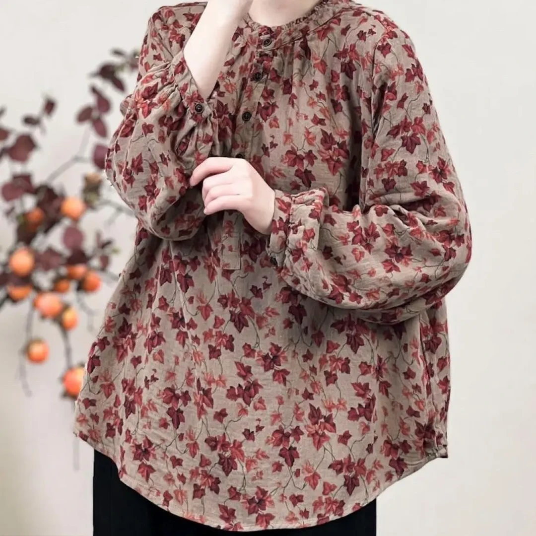 【麻述】木耳领百搭碎花休闲立领印花文艺长袖小衫