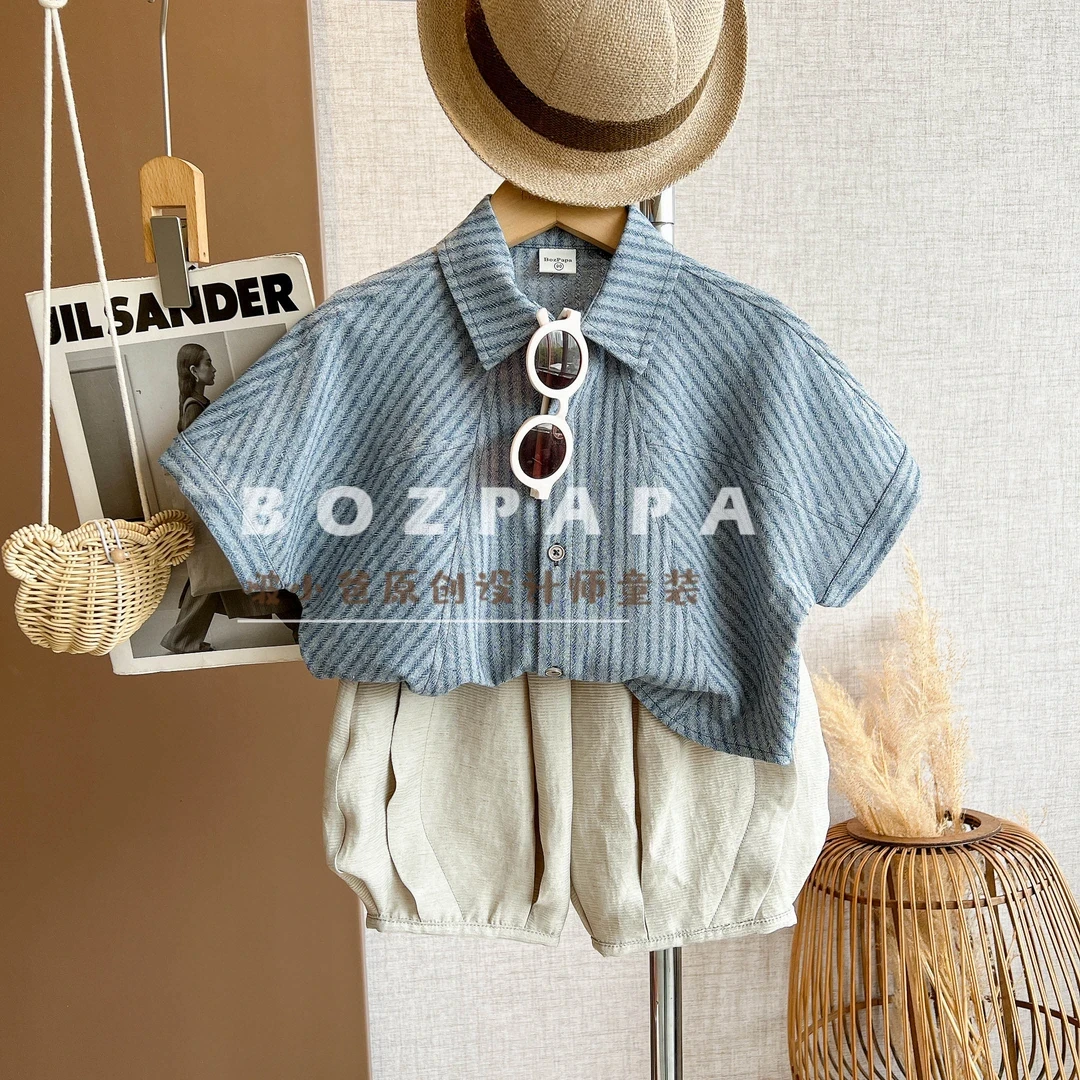 2025夏季男童韩系休闲条纹设计短袖衬衫套装男女童洋气百搭上衣