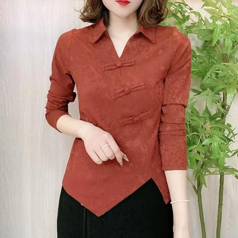 2025秋冬新款提花盘扣衬衫开叉一体绒修身显瘦翻领洋气长袖小衫
