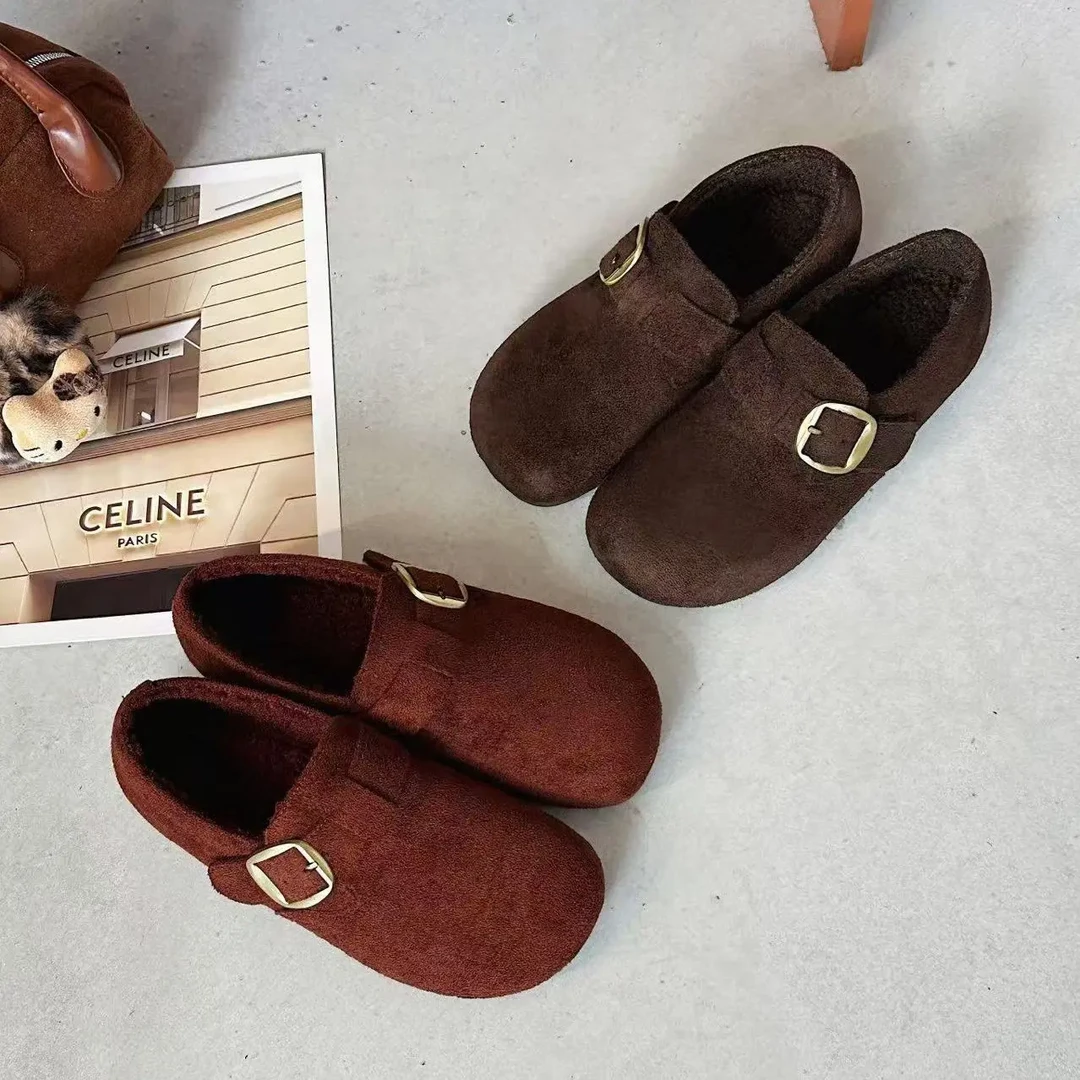 冬季加绒懒人乐福鞋女式2025舒适保暖软底圆头搭扣勃肯鞋秋冬平底