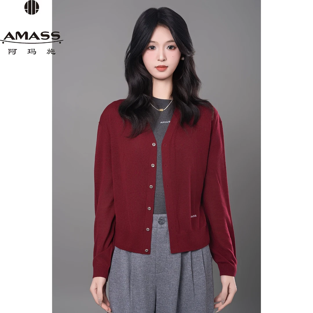 AMASS/阿玛施25年新款时尚复古百搭v领气质纯色针织开衫女 548028