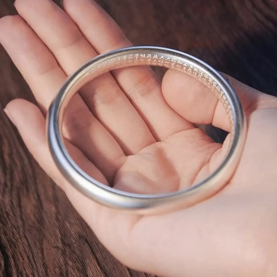 足银手镯 999纯银闭口泥鳅背古法心经磨砂素圈银镯子女送女友