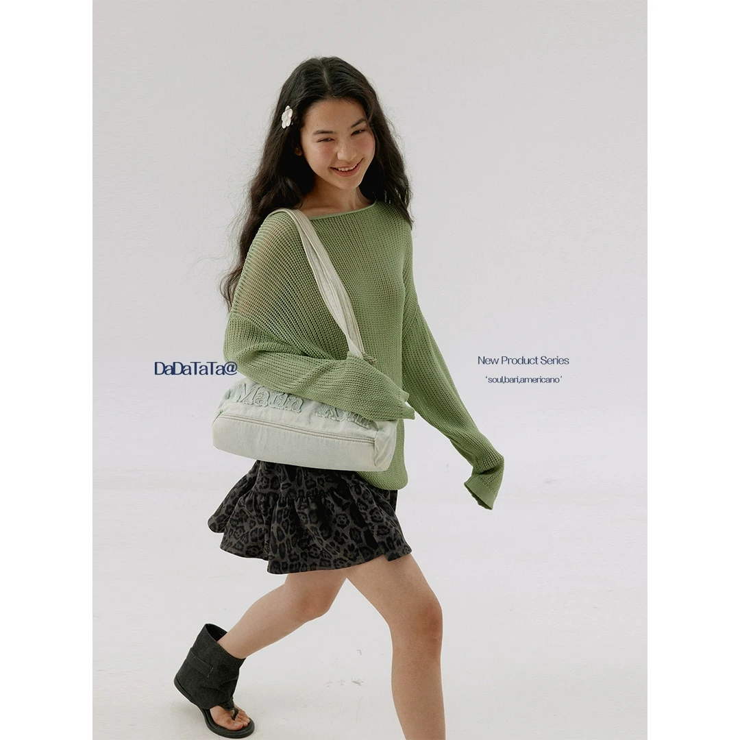 晶咕白标DADATATA春装微胖女孩的显瘦穿搭宽松镂空针织衫胖mm上衣