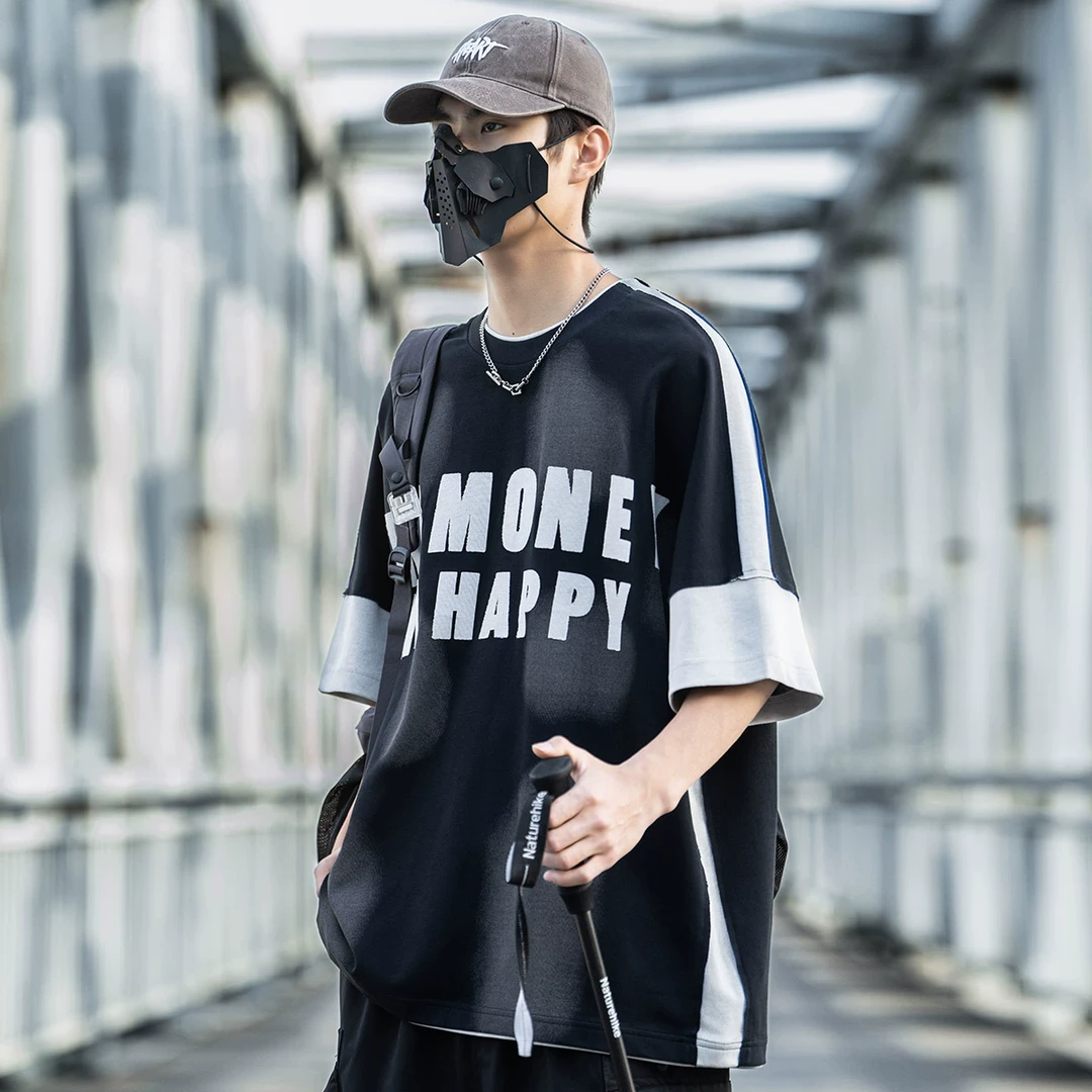 AOGZ假两件拼接字母印花圆领短袖T恤男夏季宽松休闲百搭半袖上衣