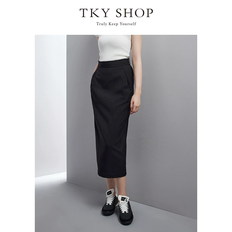 TKYSHOP极简风通勤百搭简约中长裙秋冬高腰黑半身裙 10H1SA05O017