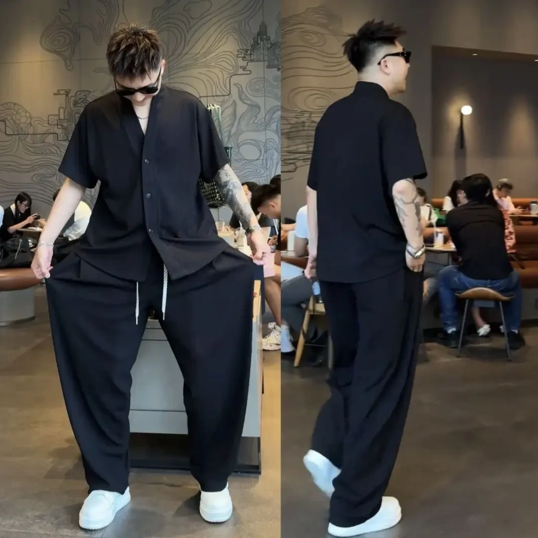 夏季新款两件套简风高级男装百搭休闲宽松短袖套装纯色长裤开衫