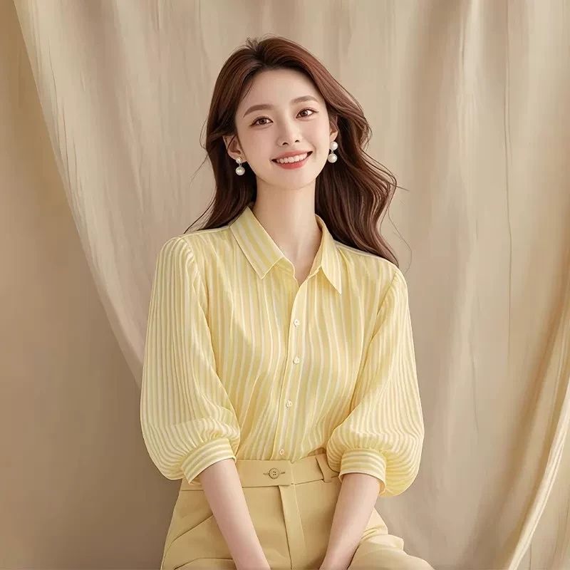 黄色polo领灯笼七分袖长袖衬衫女2025新款开春季冷淡系高级感上衣
