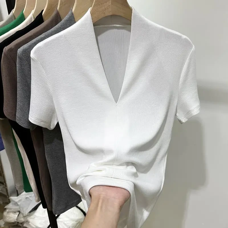 拉夏贝尔法式高级感螺纹V领短袖T恤女上衣2025夏白色新款修身内搭