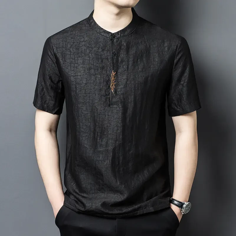 2025新款立领衬衫中年新中式香云纱龟裂纹薄款短袖衬衫半袖衬衣