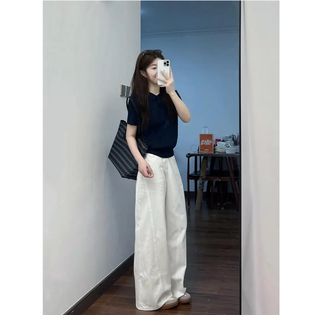 夏季时尚洋气休闲服polo领短袖T恤上衣高腰显瘦直筒阔腿裤套装