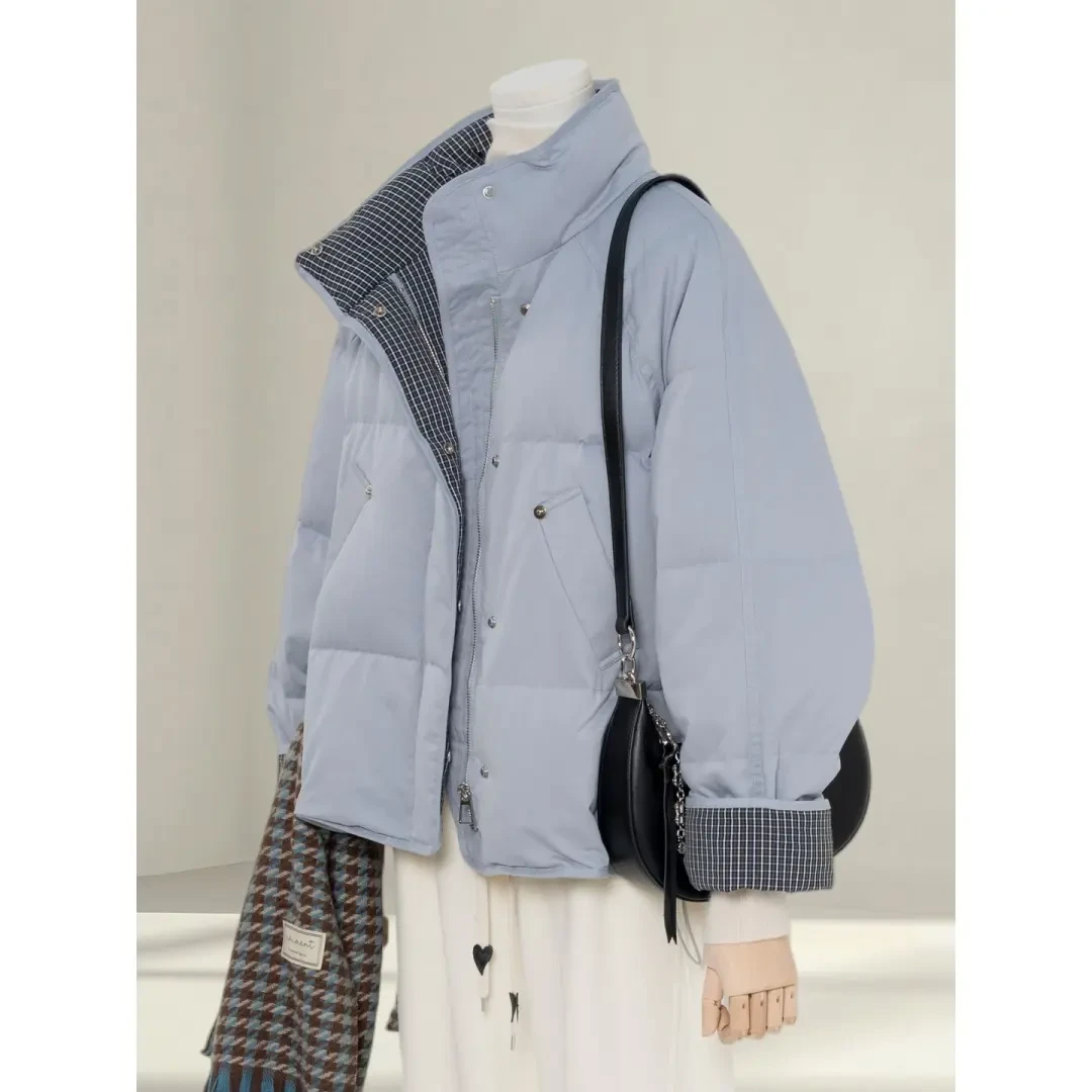 超好看蓝色立领棉服女短款2025冬新款小个子韩系加厚休闲百搭外套