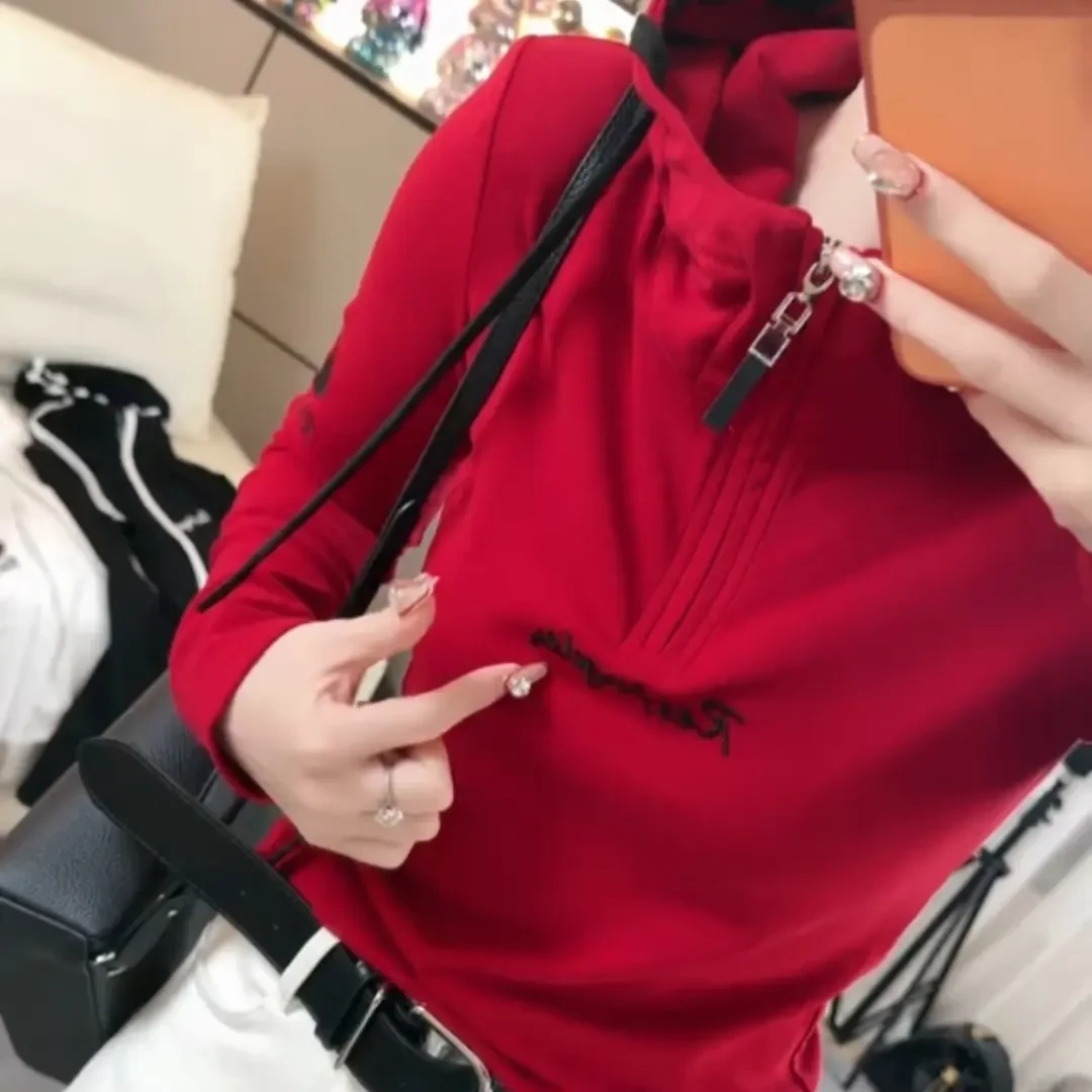 韩系时尚刺绣连帽长袖秋冬修身显瘦百搭打底T恤上衣女