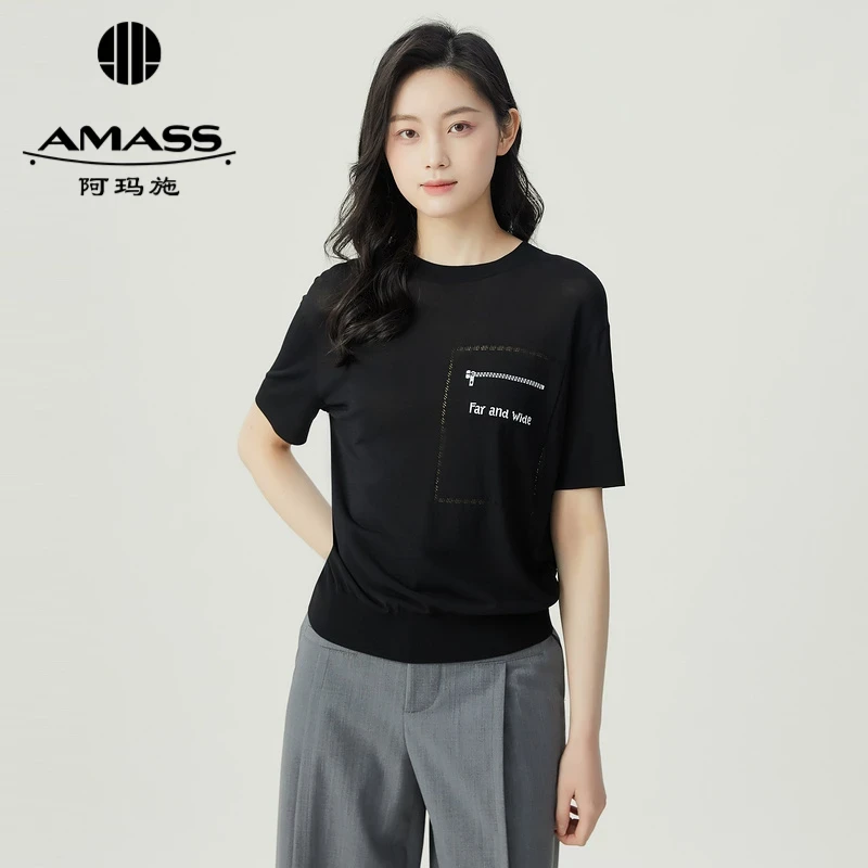 AMASS/阿玛施新款大码圆领字母拉链短袖上衣舒适针织衫5399709