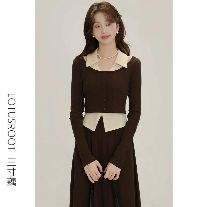 三寸藕【冰萃深秋】别致撞色拼接假两件针织衫女修身显瘦上衣3369