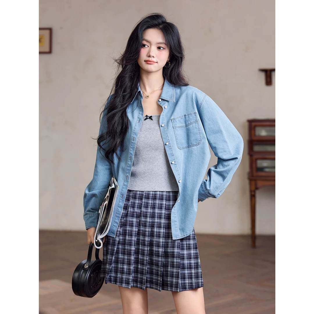 宿本【云边追梦】牛仔衬衫2025年春复古设计感长袖上衣1510228CJ