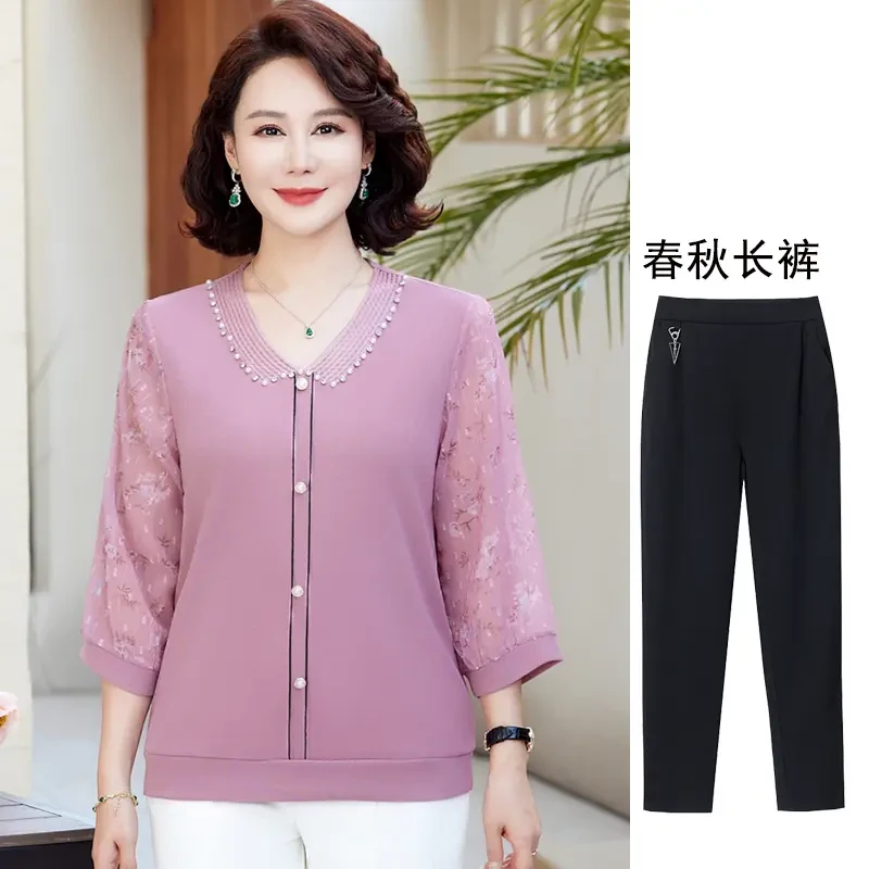 中老年女装春夏套头针织T恤妈妈装春季新款小衫七分袖宽松上衣