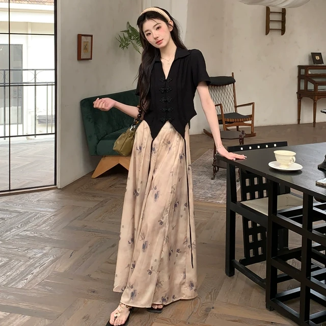 高级感轻熟国风新中式黑色上衣套装女夏季新款印花阔腿裙裤两件套