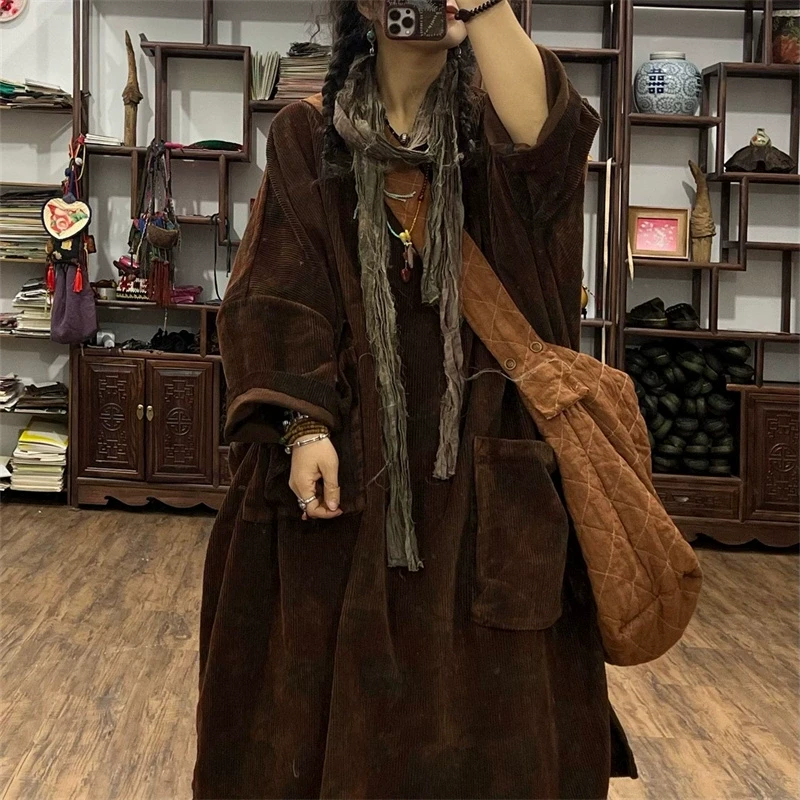 sx复古印花灯芯绒贴布口袋套头连衣裙早春新款百搭个性高级女长袍