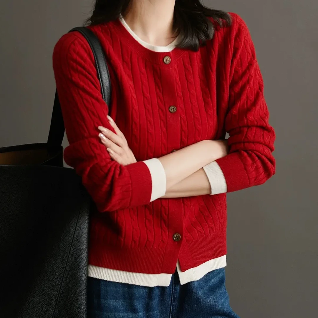 纯羊毛假两件秋冬女百搭针织衫春秋复古女装针织毛针织衫圆领2025