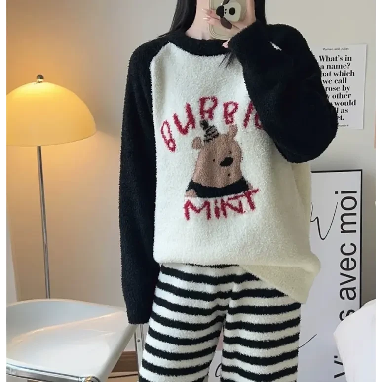 网红加绒慵懒风时尚套装宽松加厚卡通圆领韩版秋冬季睡衣女款学生