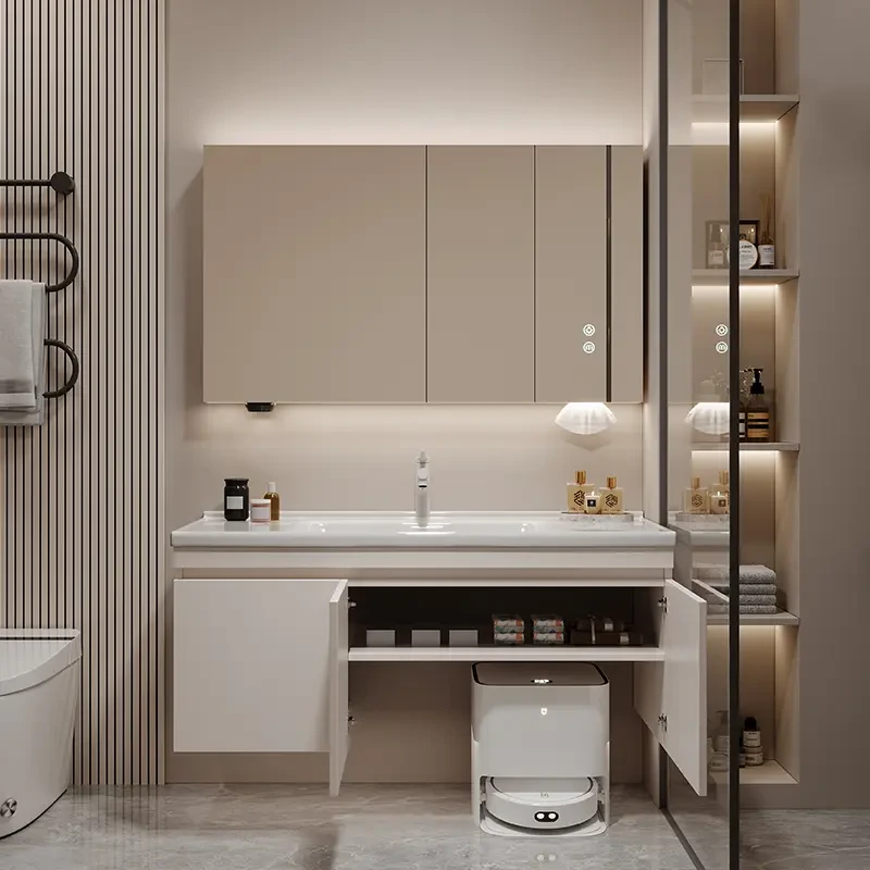 【OUPAI/扫地机器人基站】奶油风浴室柜组合陶瓷一体盆洗漱台洗脸盆