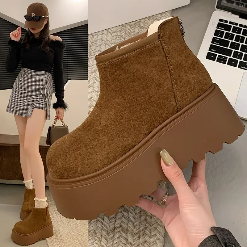 时尚雪地靴厚底2025冬季新款加绒拉链保暖女棉靴百搭休闲女短靴