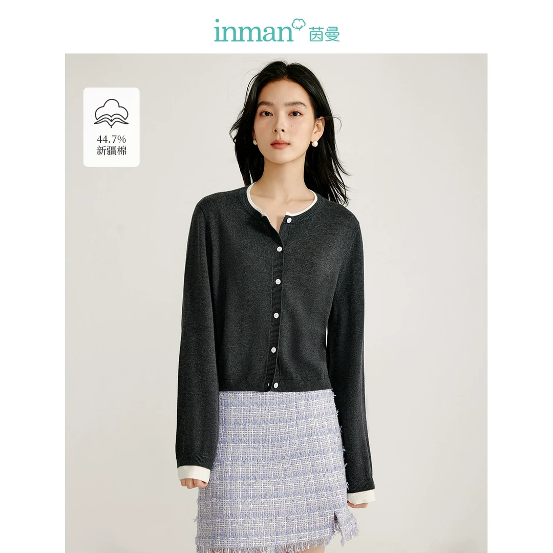 【商场同款】茵曼2025春秋新款女毛针织衫上衣开衫长袖女装短款圆领