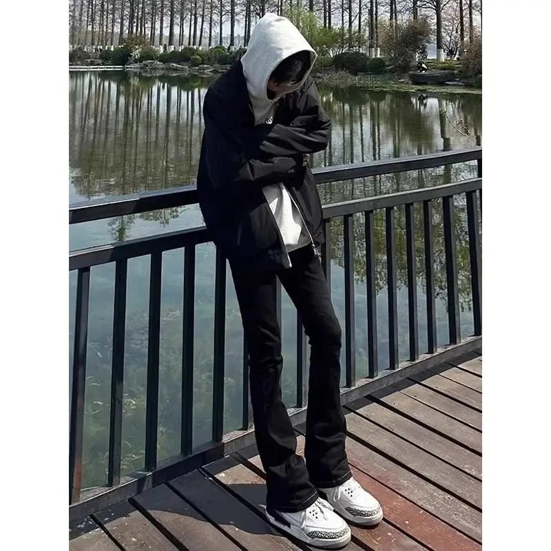 设计感黑色美式微喇牛仔裤男款秋冬加绒黑色提档高腰修身直筒裤子